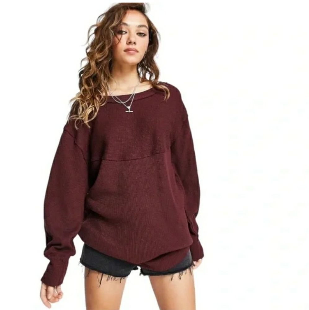 Free People OG Volume Sleeve Thermal Pullover Sweater in Cherry Cola Sz S NWT